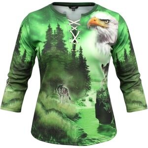 Ouku Womens XL Green Eagle Wolf Forest Graphic Lace Up V-Neck Long Sleeve Top